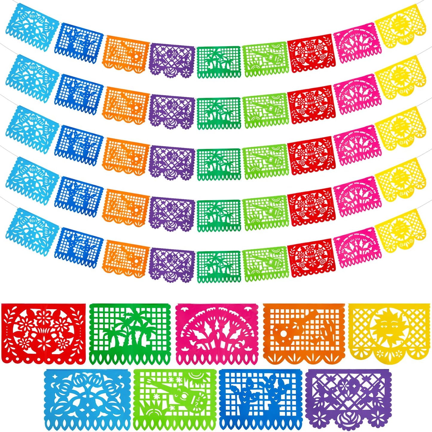 Domestar 90 Feet Mexican Party Banners, 5Pcs Plastic Fiesta Banner Cinco De Mayo Dia De Los Muertos Decor Day Of The Dead Papel Picado For Mexican Party Supplies