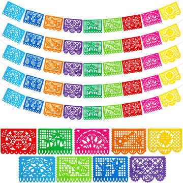 Domestar 90 Feet Mexican Party Banners, 5Pcs Plastic Fiesta Banner Cinco De Mayo Dia De Los Muertos Decor Day Of The Dead Papel Picado For Mexican Party Supplies