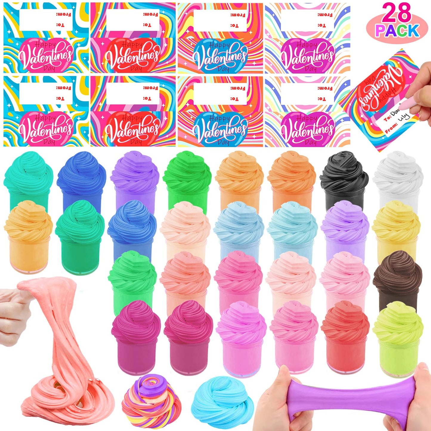 Valentines Gifts For Kids 28 Pack Prefilled Valentine Butter Slime Cup Bulk 28 Colors And 28 Valentines Cards For Kids School Cl