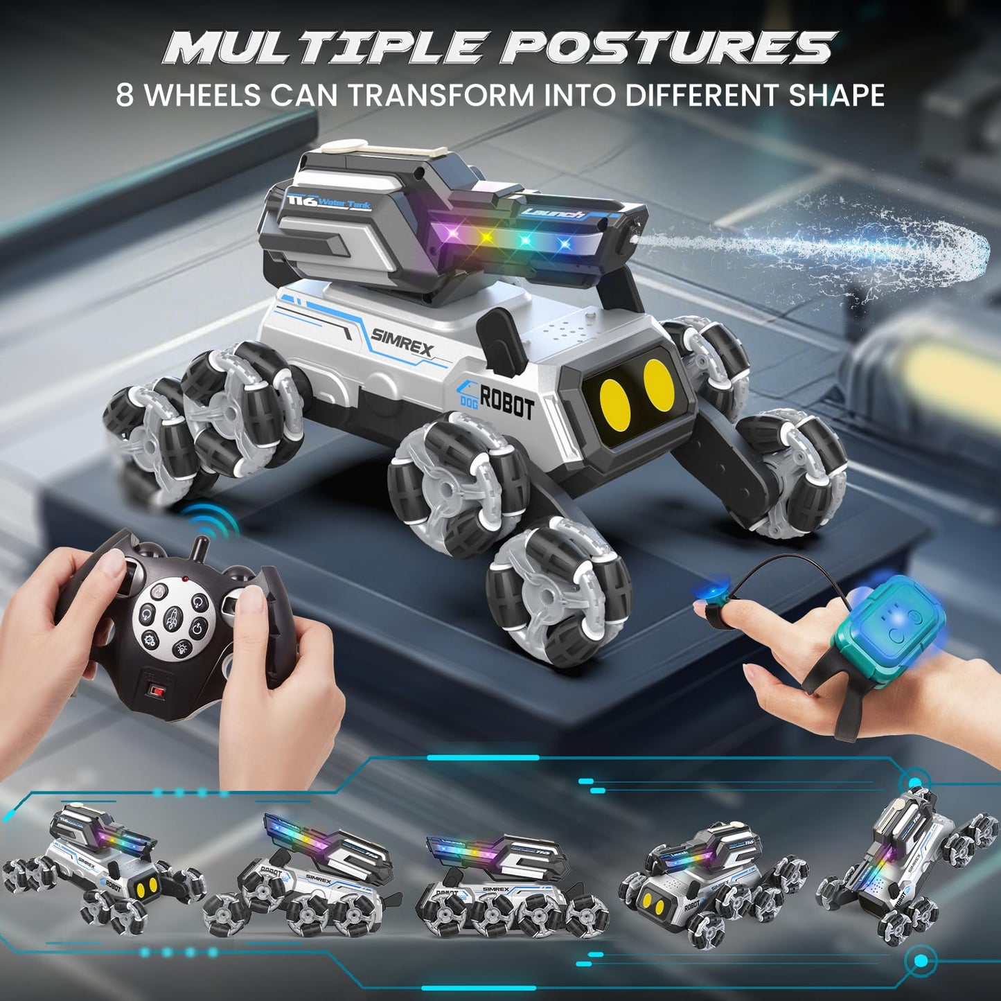 SIMREX Robot Dog RC Stunt Car Toys - Gesture Sensing Remote Control car with Mecanum Wheels, LED Eyes, 3 Sound Effects,Water-Sho