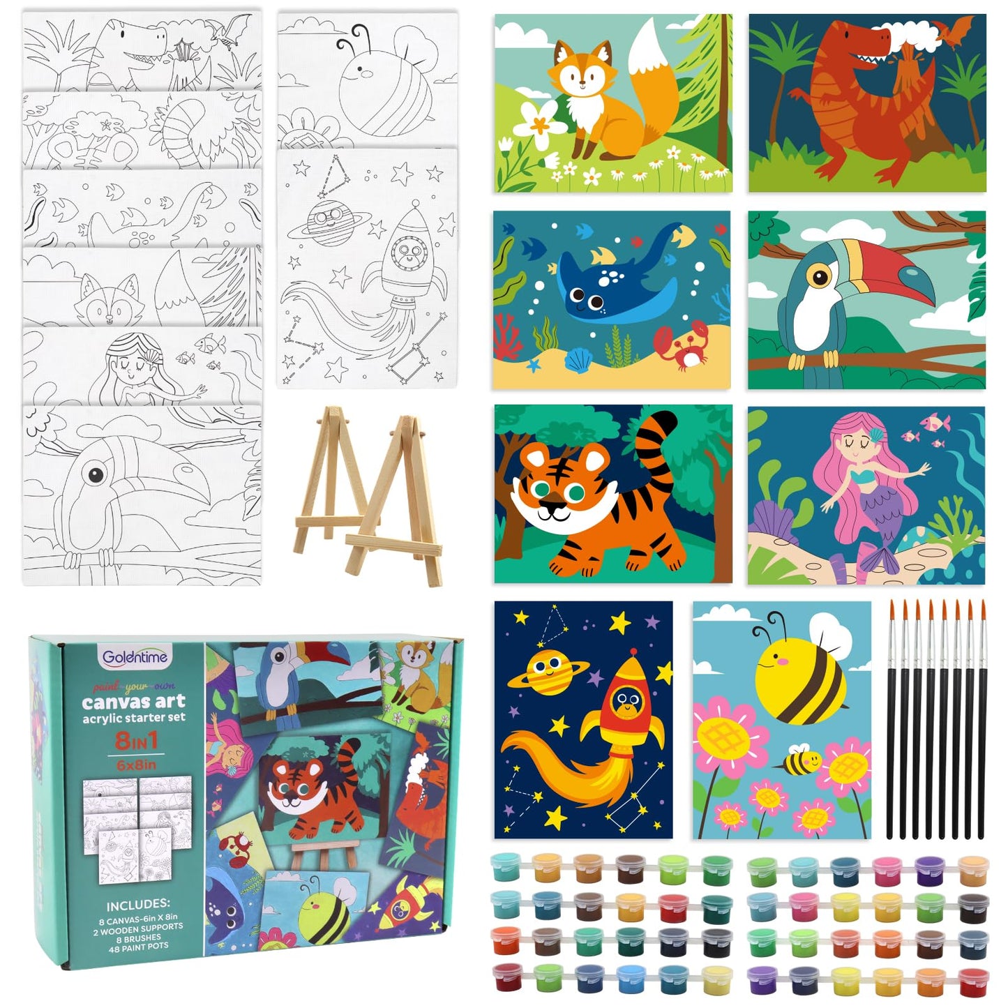 8 Packs Predrawn Canvas for Painting Kids Paint Canvas for Kids, 48 Paints, 8 Brushes 2 Easels, 8 6x8 Printed Canvas for Girls B