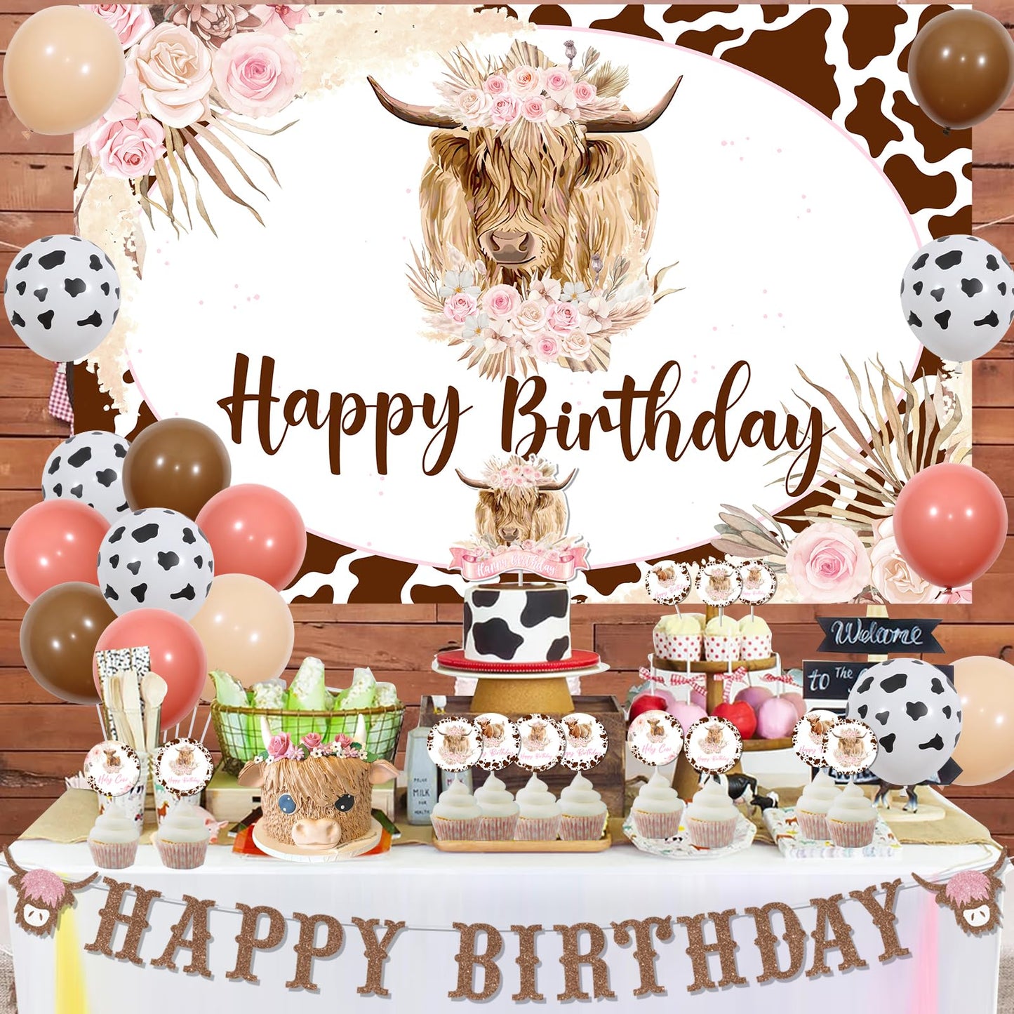 JOYMEMO Boho Highland Cow Birthday Decorations, Pink Beige Latex Balloons & Backdrop, Floral Farm Theme Party Supplies