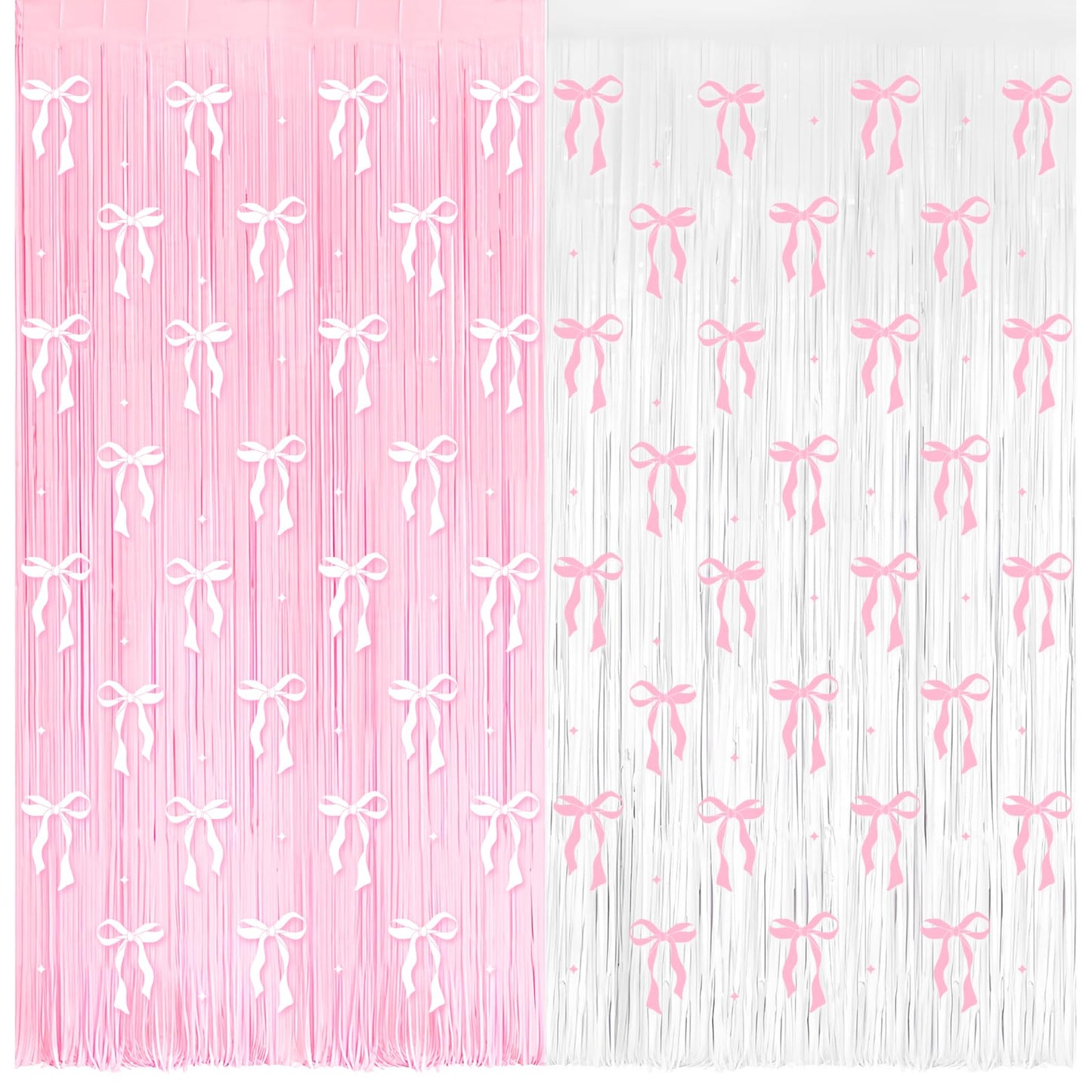 4 Pack Pink Bow Party Backdrop Decoration Pink Bow Foil Fringe Curtains for Girls Bow Birthday Baby Shower Decorations Bridal Sh