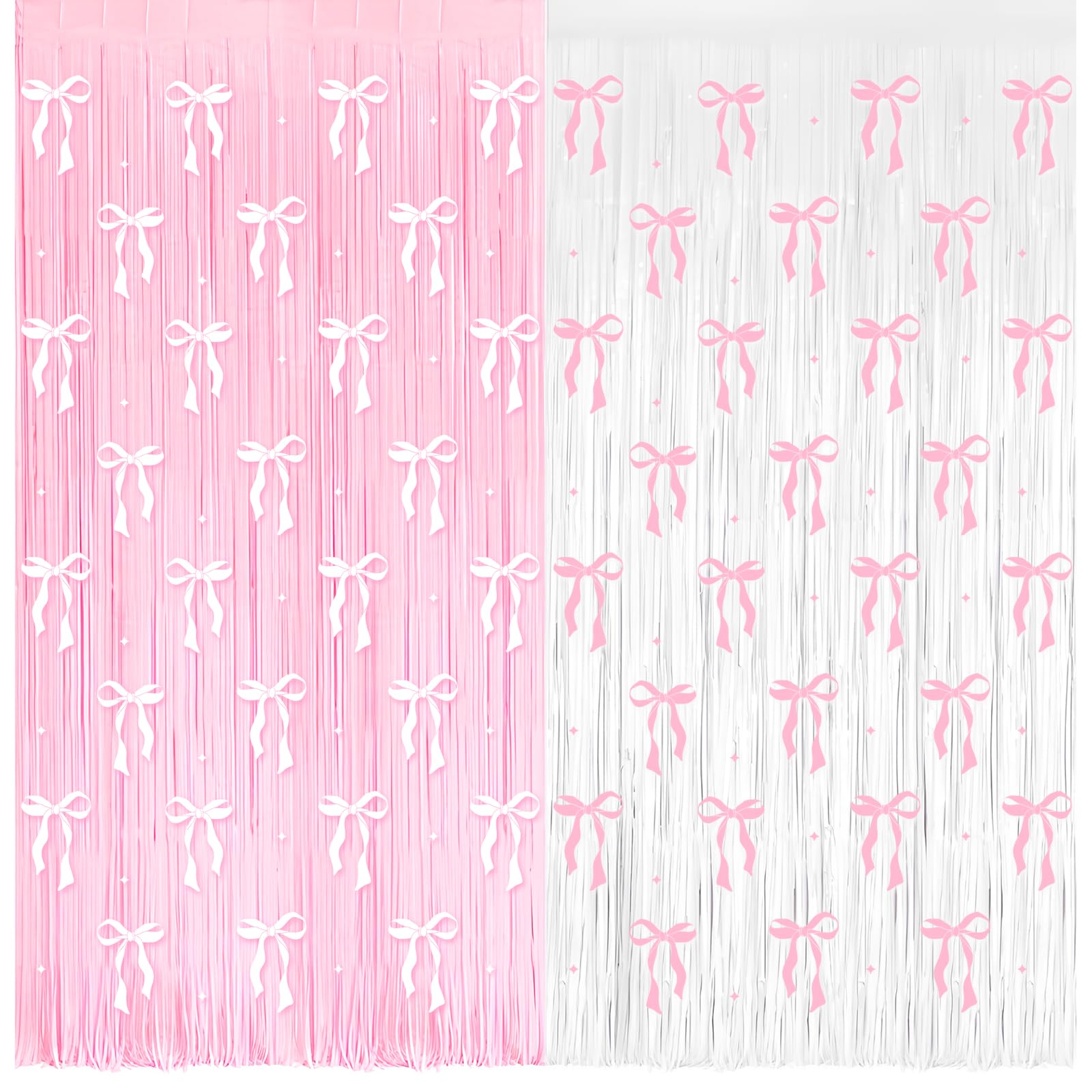 4 Pack Pink Bow Party Backdrop Decoration Pink Bow Foil Fringe Curtains for Girls Bow Birthday Baby Shower Decorations Bridal Sh