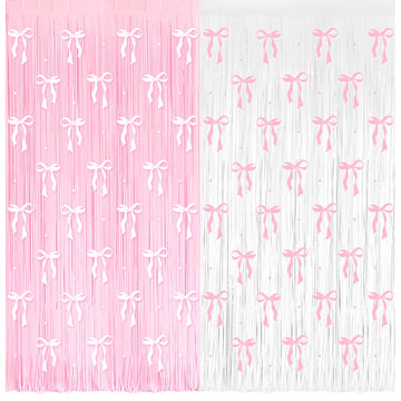 4 Pack Pink Bow Party Backdrop Decoration Pink Bow Foil Fringe Curtains for Girls Bow Birthday Baby Shower Decorations Bridal Sh