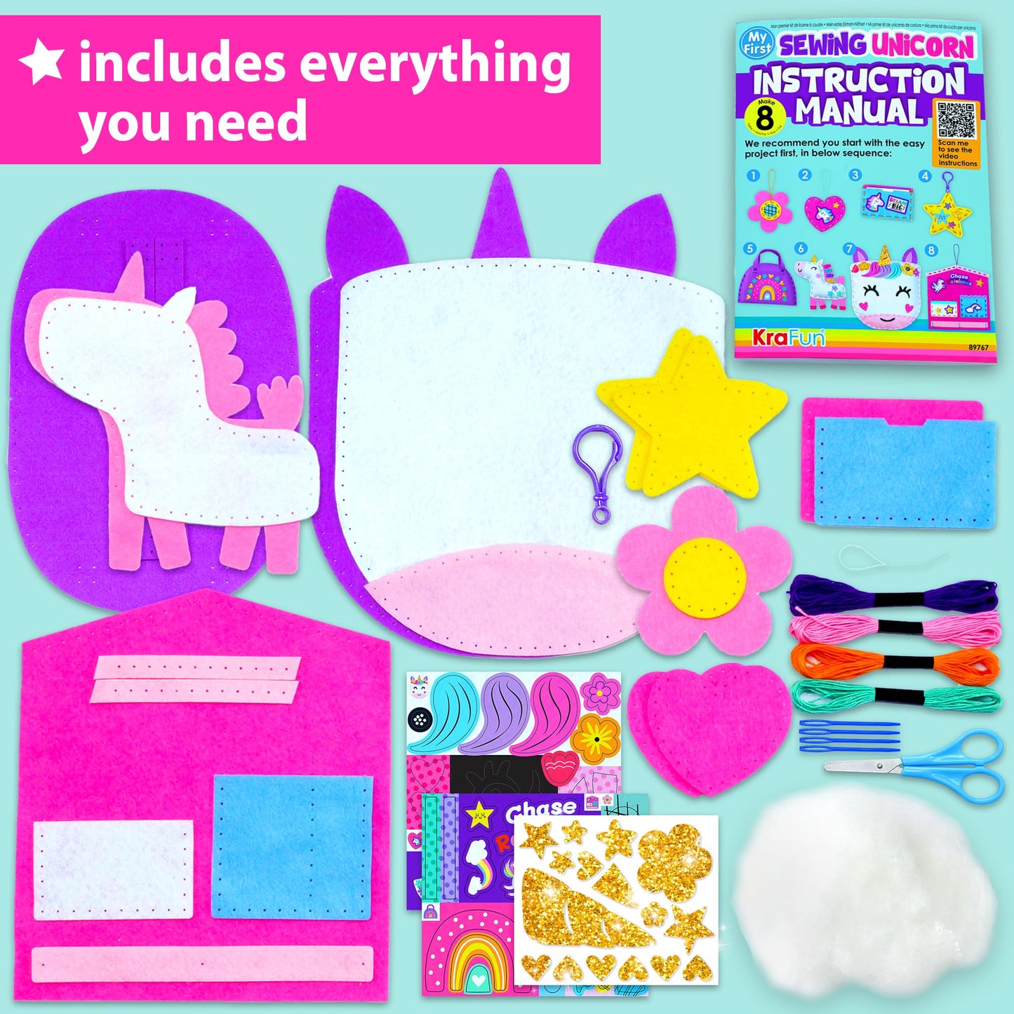 KRAFUN My First Unicorn Kids Sewing Kit - 5 Plush Projects, Beginner Arts & Crafts, Includes Felt & Instructions, Model 89767