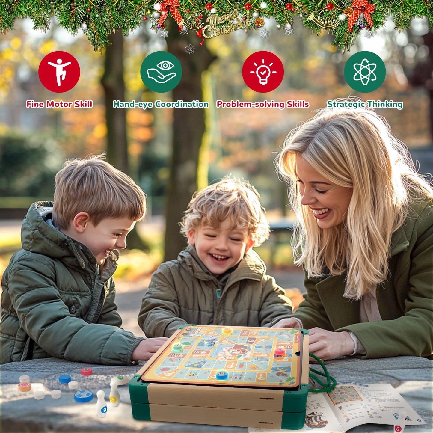 Arcturine 14-In-1 Wooden Board Games Set - Multi-Game Combo With Snakes And Ladders, Sling Puck, Bowling And More - Portable Tra