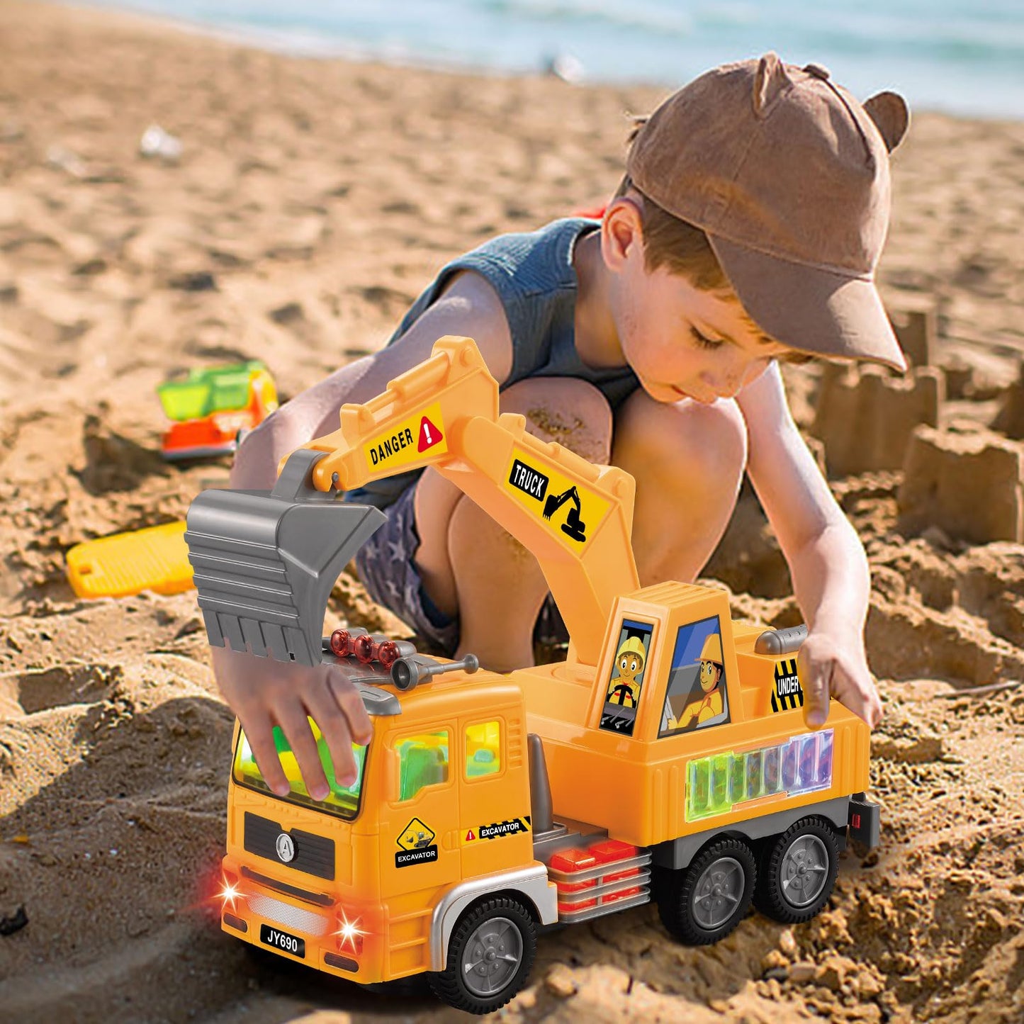 Ynanimery Construction Truck Toy, Excavator Truck Toys with 4D Lights & Sounds- Battery Operated Automatic Bump & Go, Truck Toys
