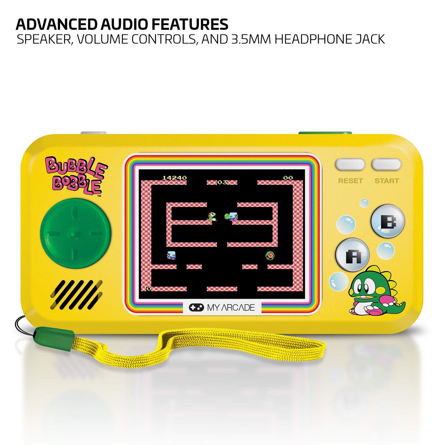 My Arcade Pocket Player Handheld Game Console - 3 Built-in Games, Small, Yellow, Model DGUNL-3248, Full Color Display, Speaker, Headphone Jack