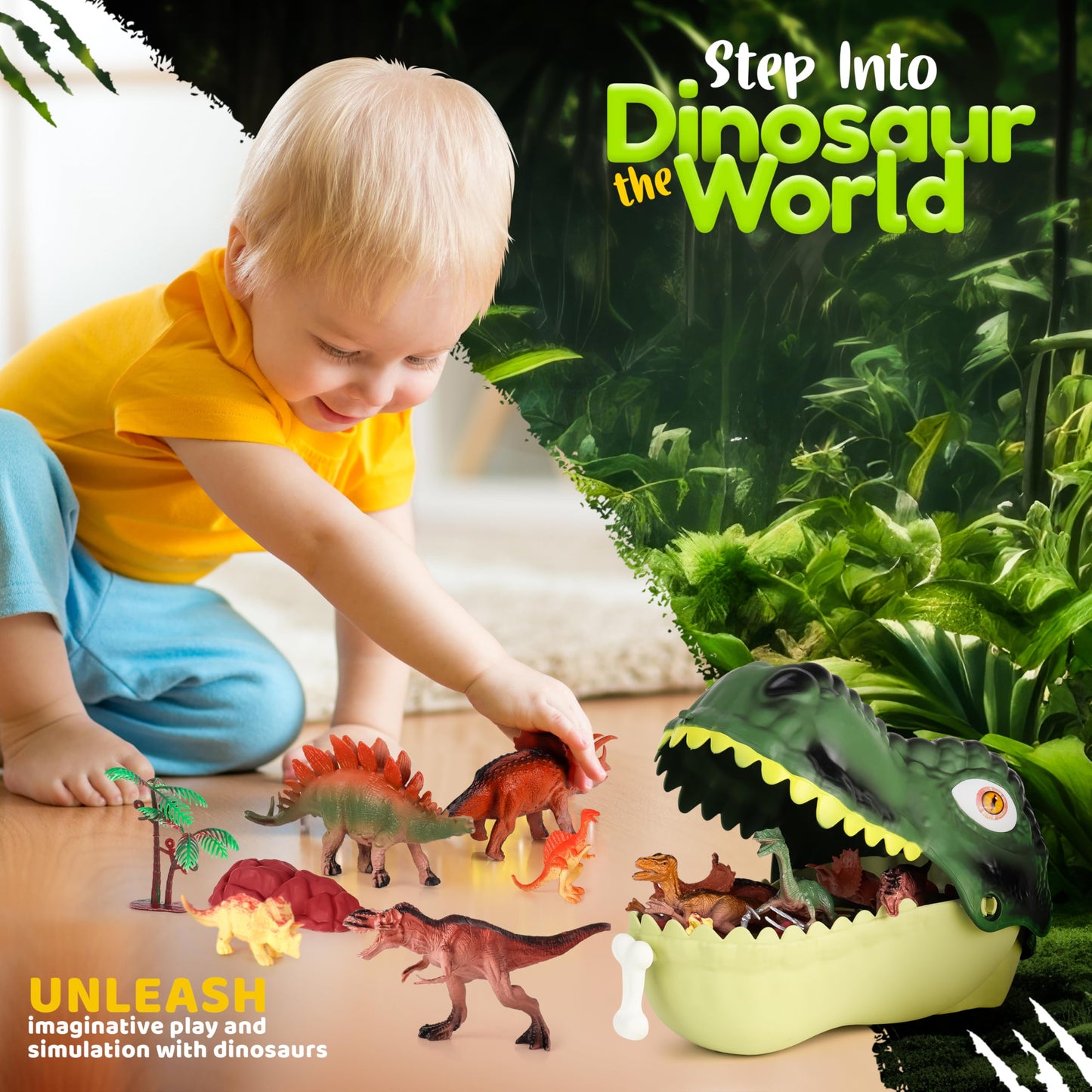 FINcredible Dinosaur Toys for Kids 3-5 - Realistic Dinosaur Figures Including 2 Pullback Dinosaur Cars - Dinosaur Toys for Toddlers & Kids - Toy Dinosaur Playset Gift for 3  4  5  6  7 Boys & Girls