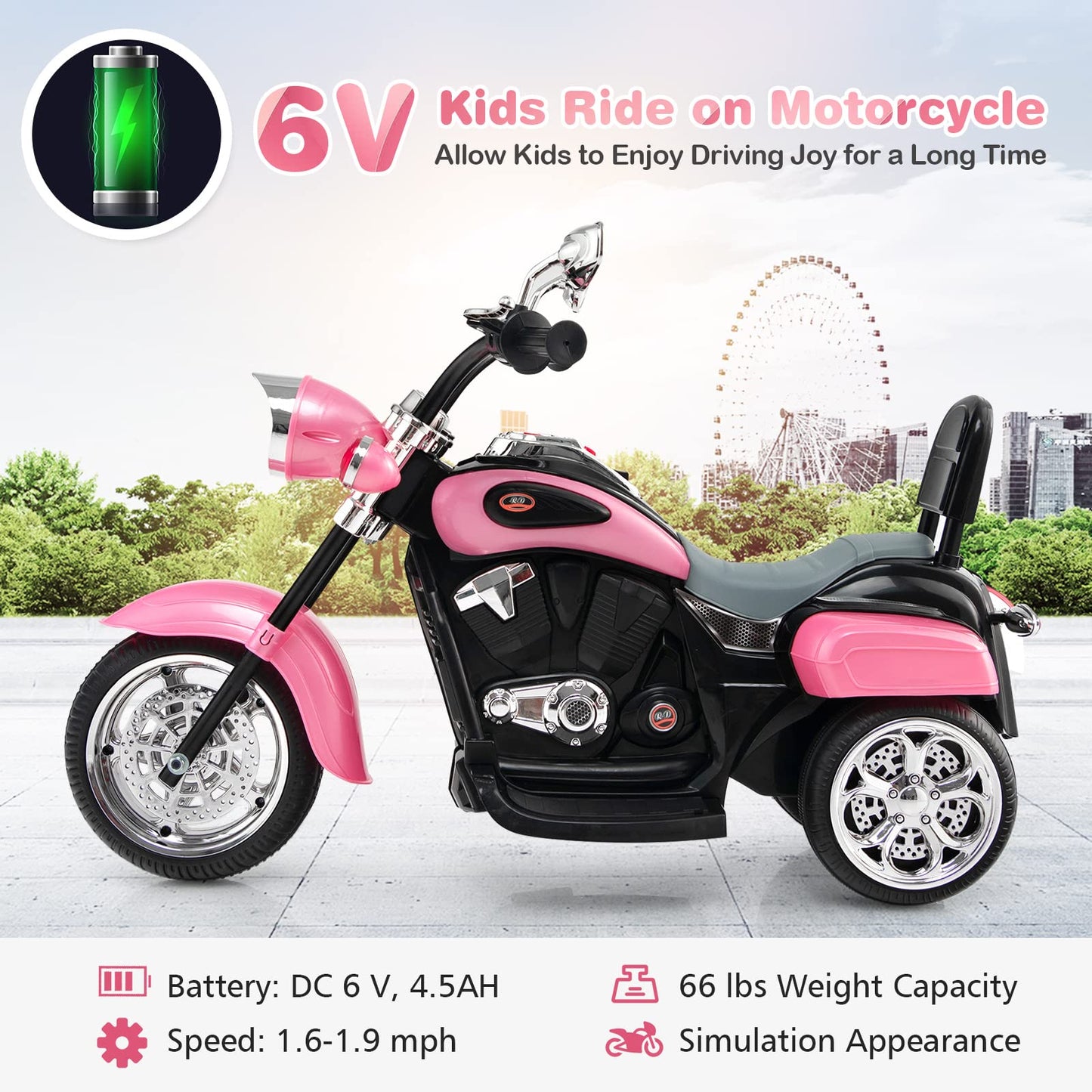 Dortala Kids Motorcycle, 6V Battery Powered Ride-On Chopper Motorcycle Trike With Horn, Headlights, Forward/Reverse Switch, 3 Wheels Electric Motorcycle For Kids, Gift For Boys Girls (Pink)