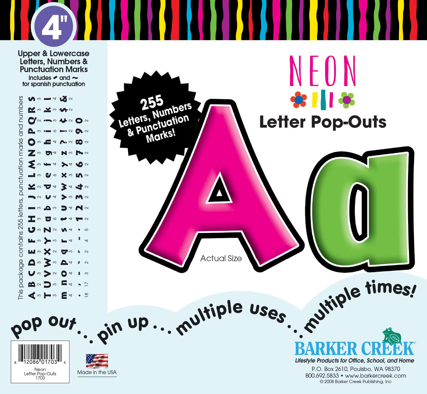 Barker Creek Letter Pop-Outs, 4 Inch, Neon, Set Of 255