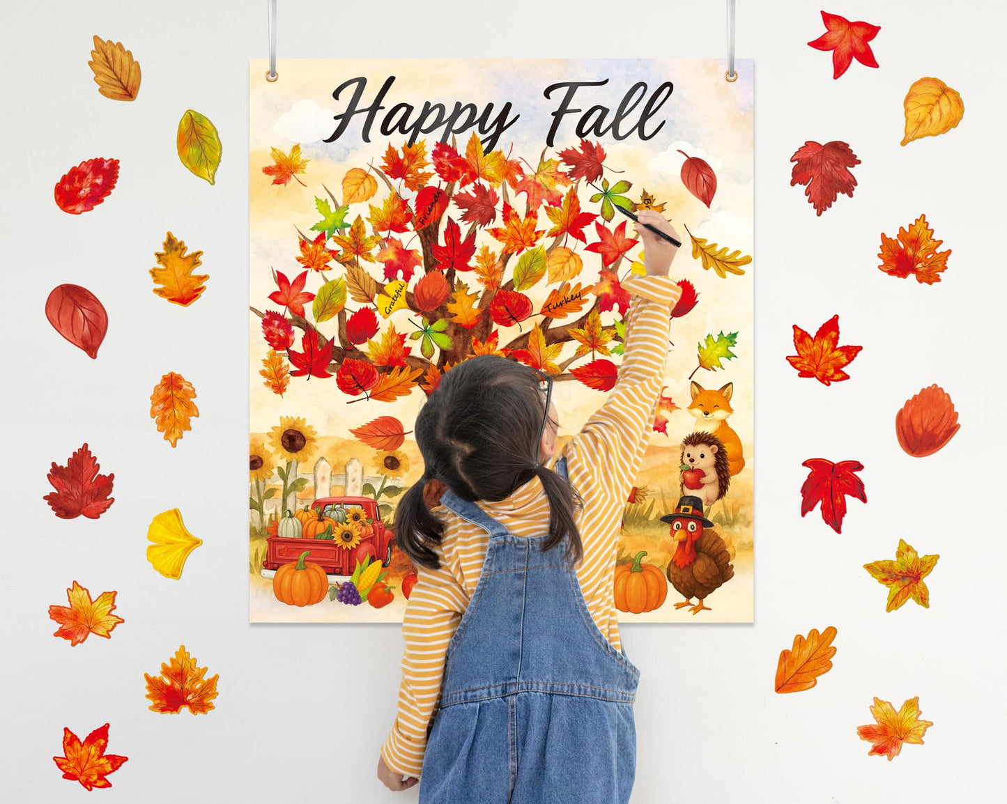 80UncleKimby 74Pcs Fall Thanksgiving Tree Craft Kit - DIY Felt Thankful Tree with Autumn Maple Leaves Ornaments for Bulletin Boa