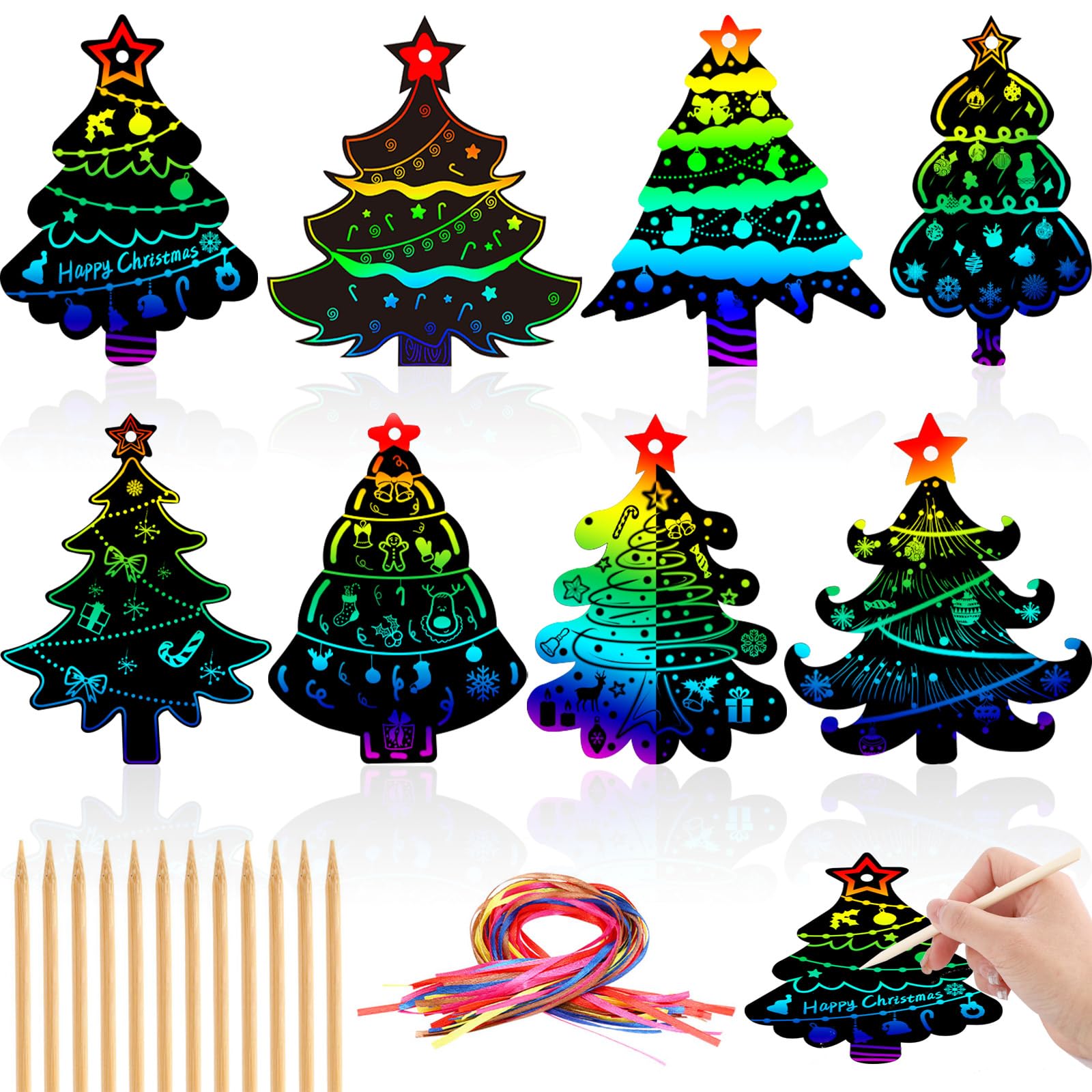 JULMELON 36 PCS Christmas Scratch Art, Christmas Crafts for Kids Magic Rainbow Scratch Paper Cards Christmas Tree Hanging Orname