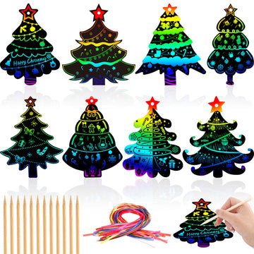 JULMELON 36 PCS Christmas Scratch Art, Christmas Crafts for Kids Magic Rainbow Scratch Paper Cards Christmas Tree Hanging Orname