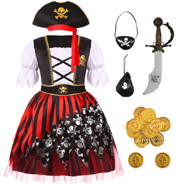 Dormstop Kids Pirate Costume Girls Deluxe Buccaneer Dress Set for Halloween Party Dress Up (5-7 Years)