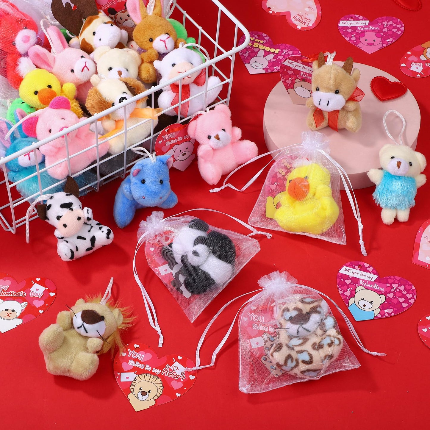 Fovths 32 Packs Valentine'S Day Mini Stuffed Animal With Heart Cards Jungle Animals Plush Toy Keychain For Valentines Day Gifts