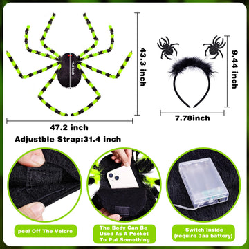 Garma Halloween Giant Spider Costume Set, 60 Led Green Light-Up Spider Backpack With Spider Headband, Scary Plush Costume For Ki