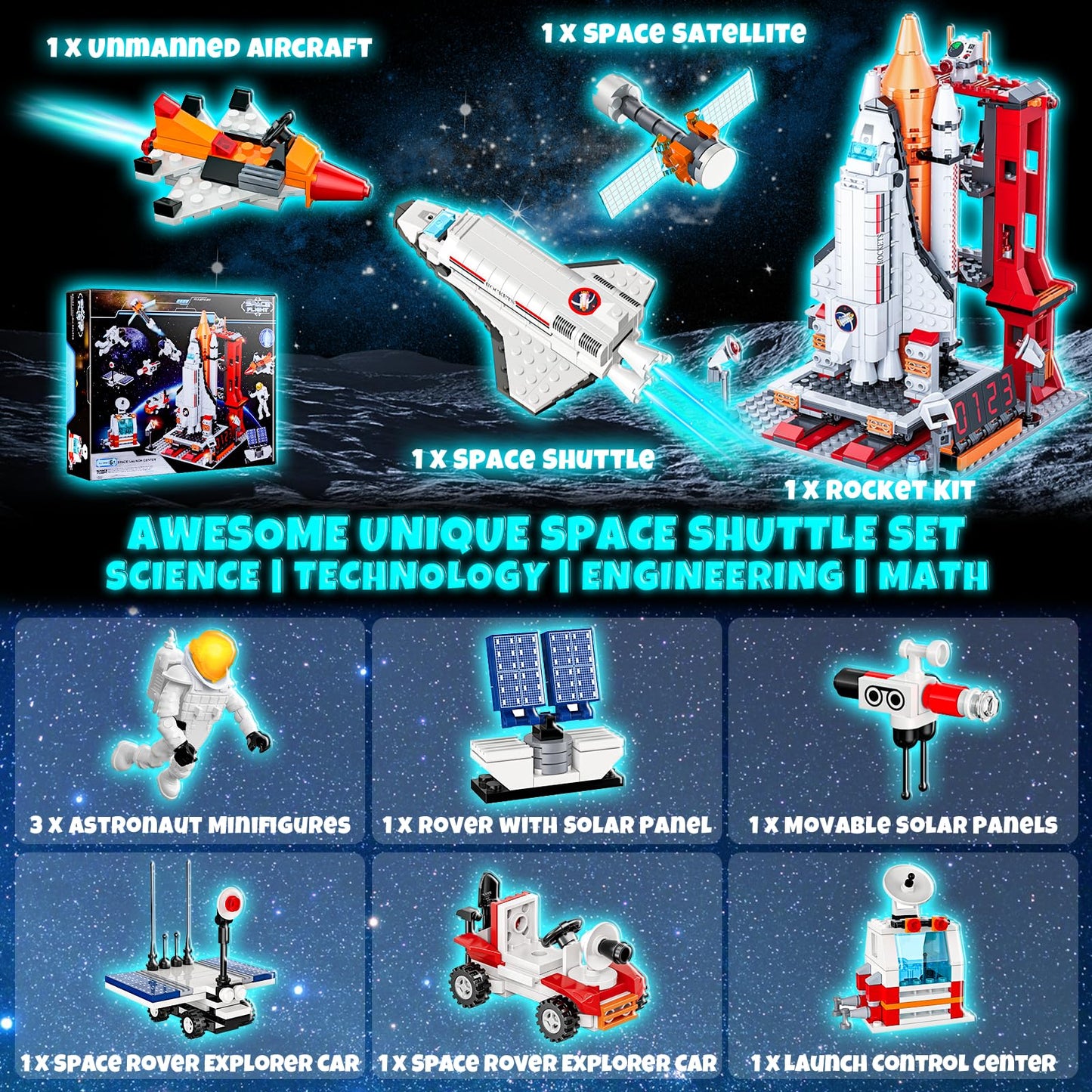 Wideland Space Exploration Shuttle Toys Gifts For 6 7 8 9 10 11 12 Year Old Kids, Girls, Boys, 12-In-1 Stem Projects Rocket Building Toy Kit With 3 Astronauts, Airplane Rocket Set Xmas Ideas, 885 Pcs