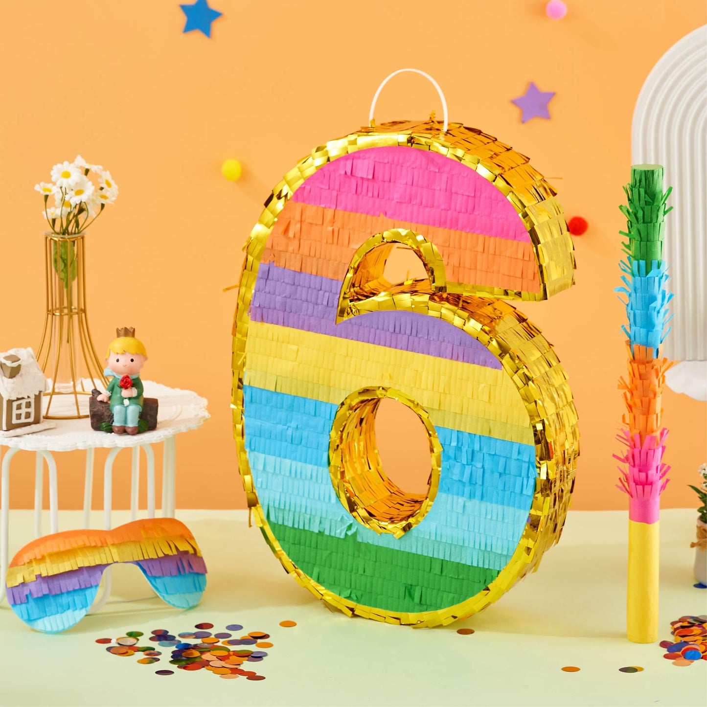 MUWOOB Rainbow Number 6 Pinata for 6th Birthday Party Decorations, Fiesta, Kids Anniversary Celebration, Birthday Pinata with St