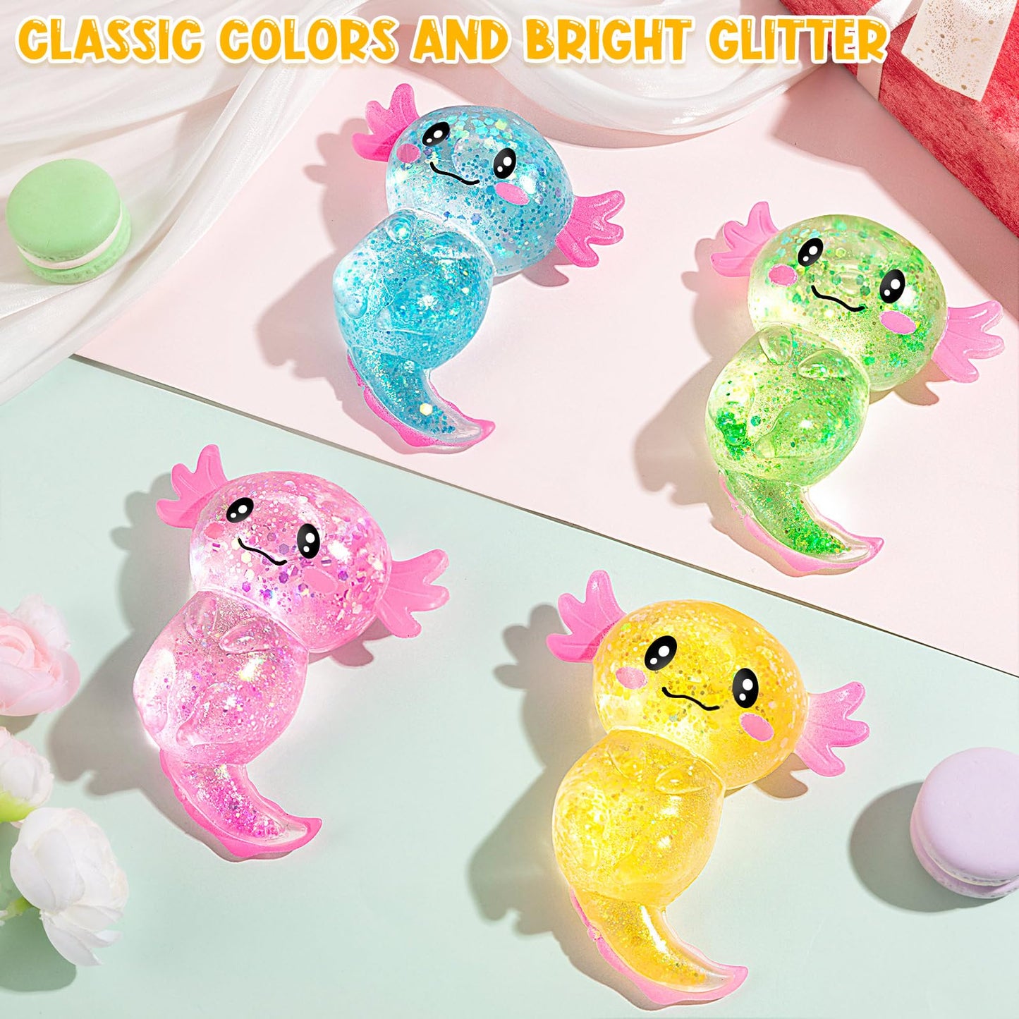 8Pcs Glitter Stress Relief Axolotl Toy Cute Malt Sugar Filled Sensory Fidget Toy For Kids Adults Soothing Birthday Party Favors