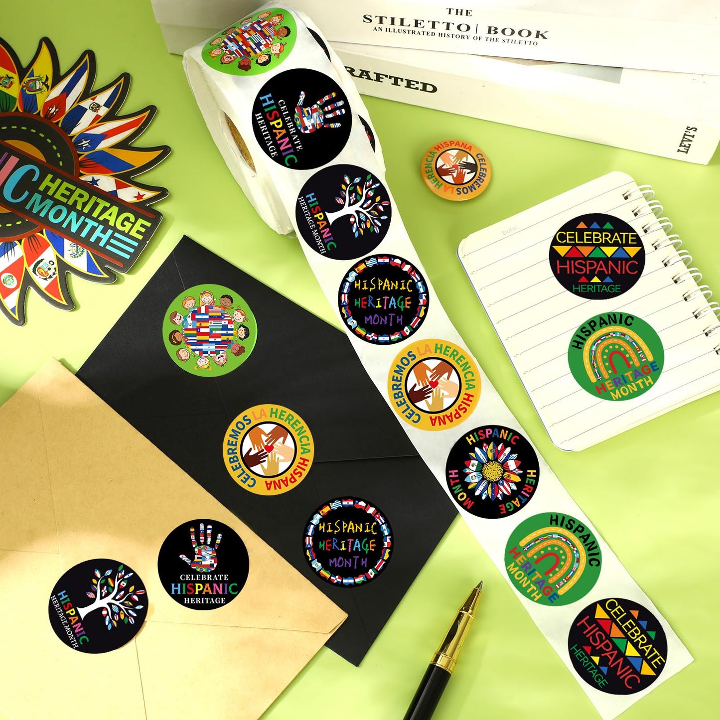 DECYOOL 800 Pcs Hispanic Heritage Month Stickers Roll, Spanish Hispanic Label Stickers Bulk for Kids Students Teachers Latino Hi
