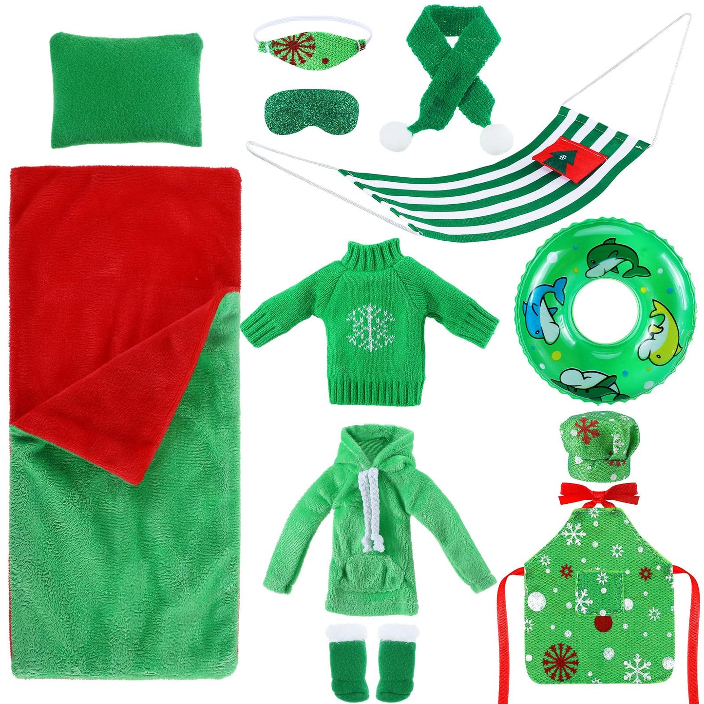 Bencailor 12 Pcs Christmas Elf Doll Accessories Set Include Elf Sleeping Bag Pillow Scarf Mask Eye Patch Sweater Hoodie Shoes Ha