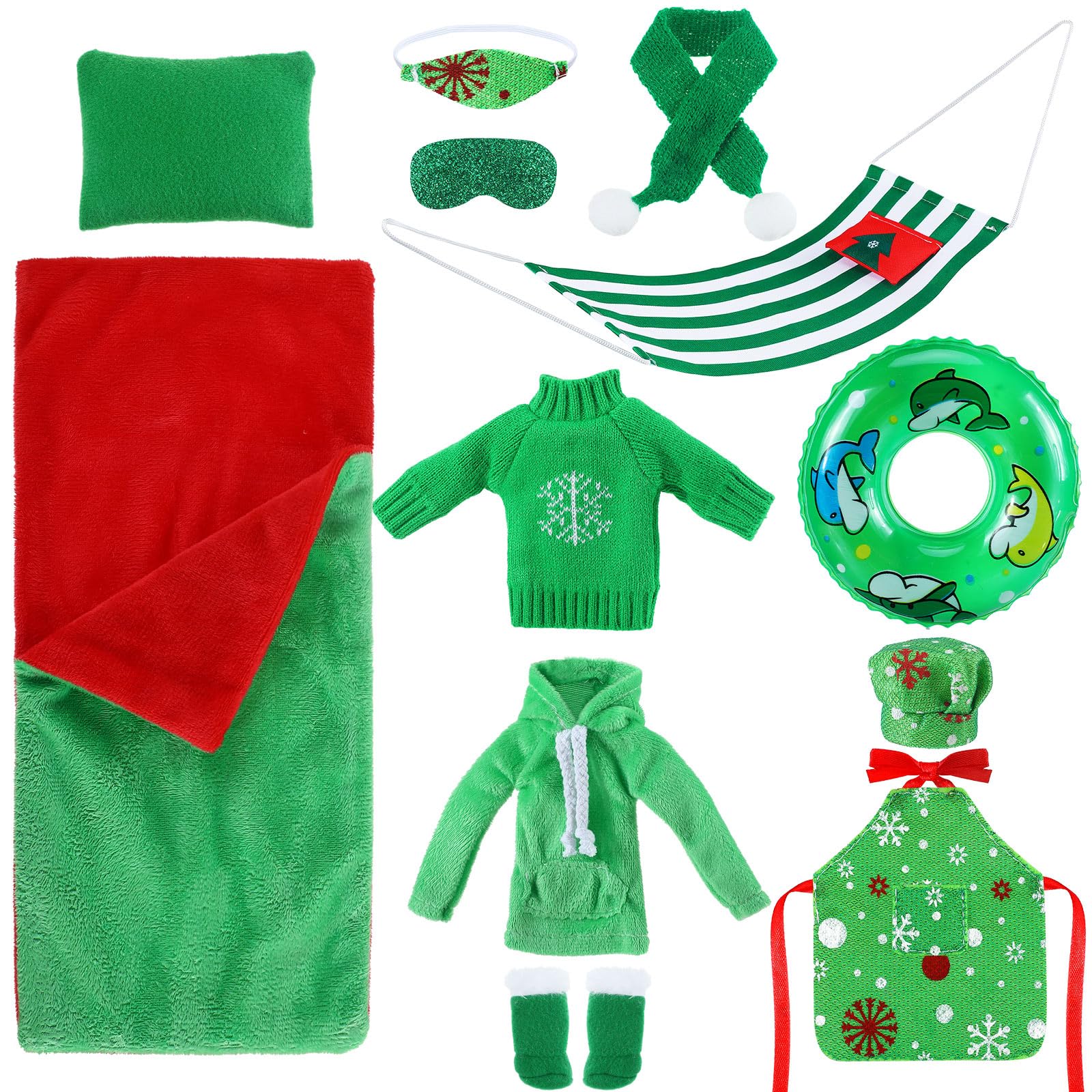 Bencailor 12 Pcs Christmas Elf Doll Accessories Set Include Elf Sleeping Bag Pillow Scarf Mask Eye Patch Sweater Hoodie Shoes Ha