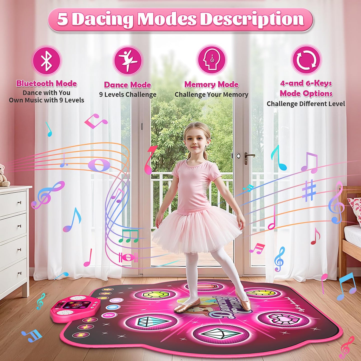 Dance Mat Toys for 3-12 Year Old Girls  Dance Mats for Kids with Wireless Bluetooth  Light-up 6-Button & 5 Game Modes Kids Dance Mat  Birthday Toys Gifts for 3 4 5 6 7 8 9 10+ Year Old Girls