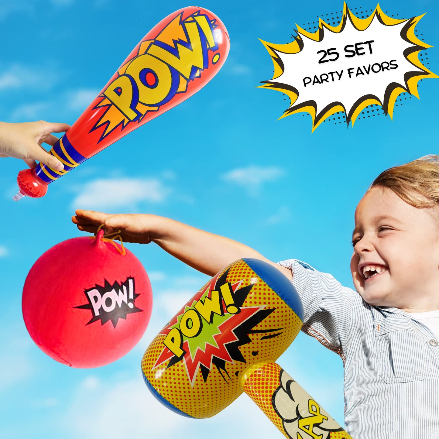 25 Pc Set, 12 Oversized 20 Pow Inflatable Baseball Bats, 12 Punch Balloon, 1 Huge 30 Bopper - for Superhero Theme Birthday Par