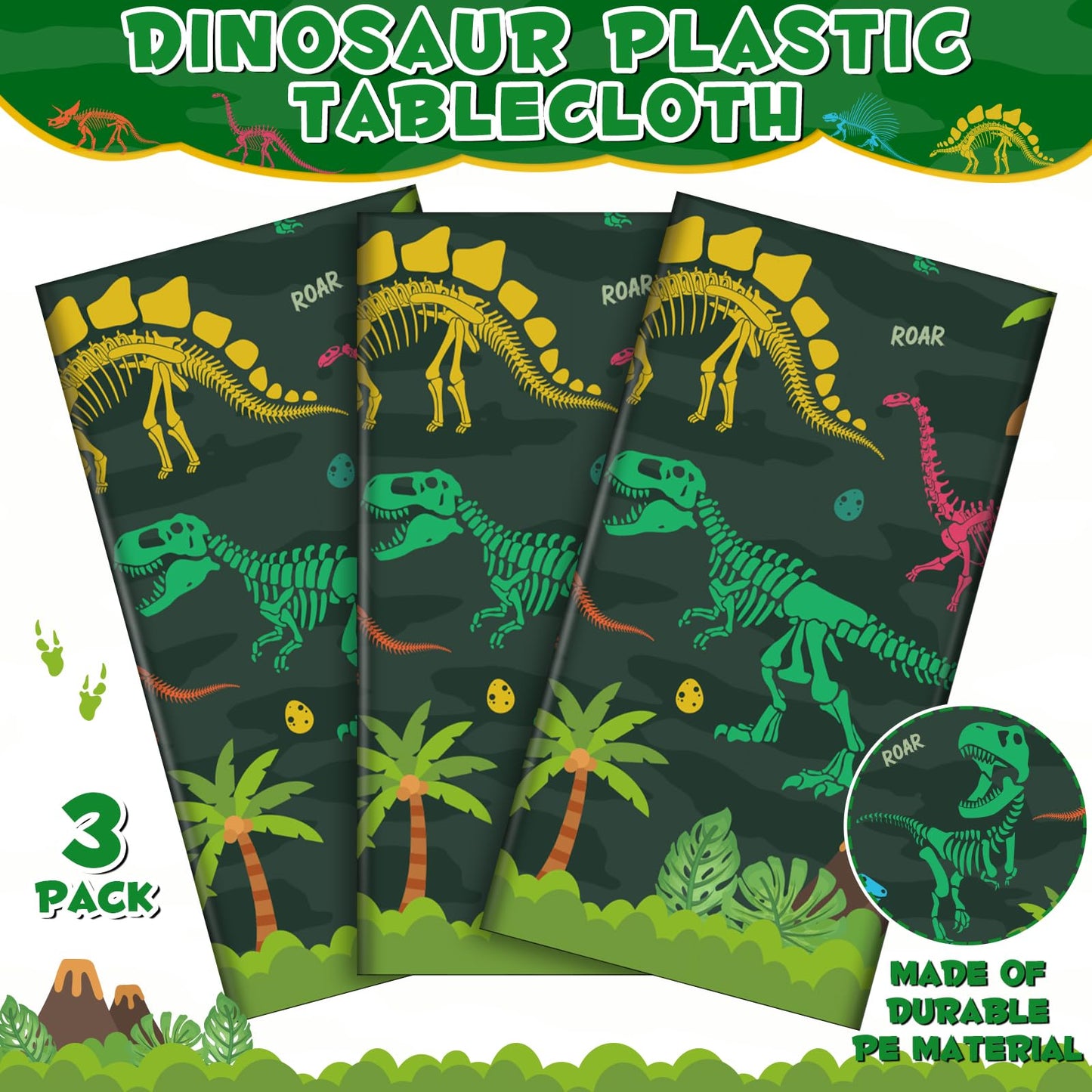NatNarr 3 Pack Dinosaur Plastic Tablecloth, 54 X 108Inch Disposable Dinosaur Party Table Cloth for Rectangle Tables Waterproof T