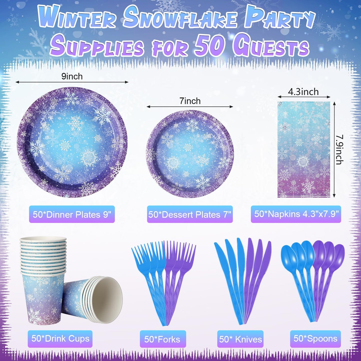 Winter Snowflake Paper Plates and Napkins Set, Blue and Purple Snowflake Winter Wonderland Disposable Tableware for Christmas Wi