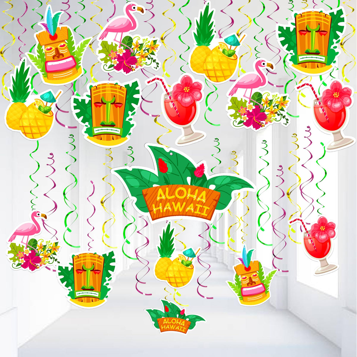 48 Pieces, Tropical Tiki Swirl Decorations  No DIY, Hawaiian Party Decorations | Aloha Luau Hanging Swirls for Luau Party Decor