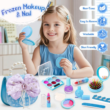 Golray Frozen Toys for Girls Gifts Kids Makeup Kit & Elsa Princess Dress Up Set Real Make up/ Nail Polish/ Wand/ Purse, Christma