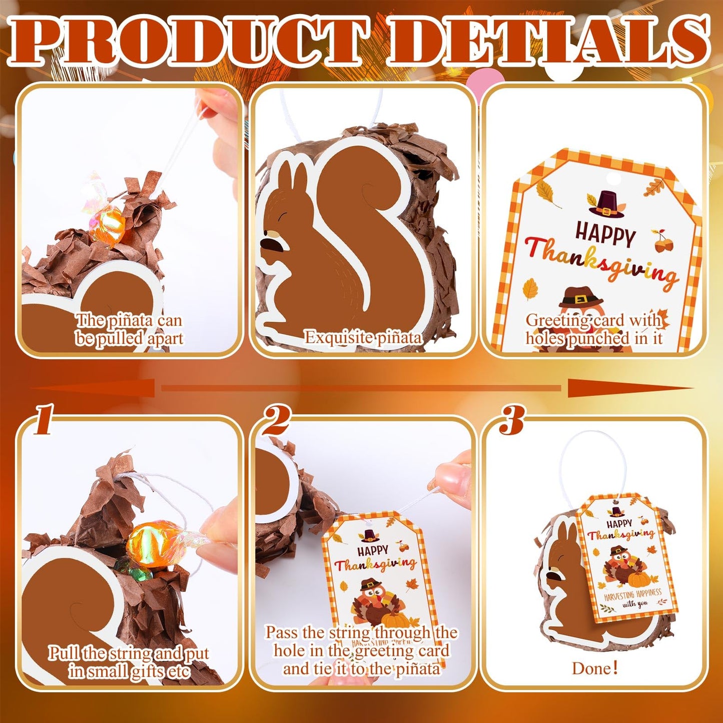 Poen 6 Pcs Thanksgiving Mini Piata Mini Turkey Squirrel Pine Cones Pumpkin Maple Leaves Piata with Greeting Card for Thanksgivin