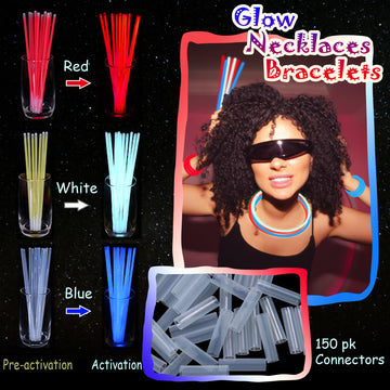 ILHSTY 150 Pcs 8 Red Blue White Glow Sticks Glow Necklaces In The Dark Party Favors Supplies Bright GlowSticks Bulk with Acces