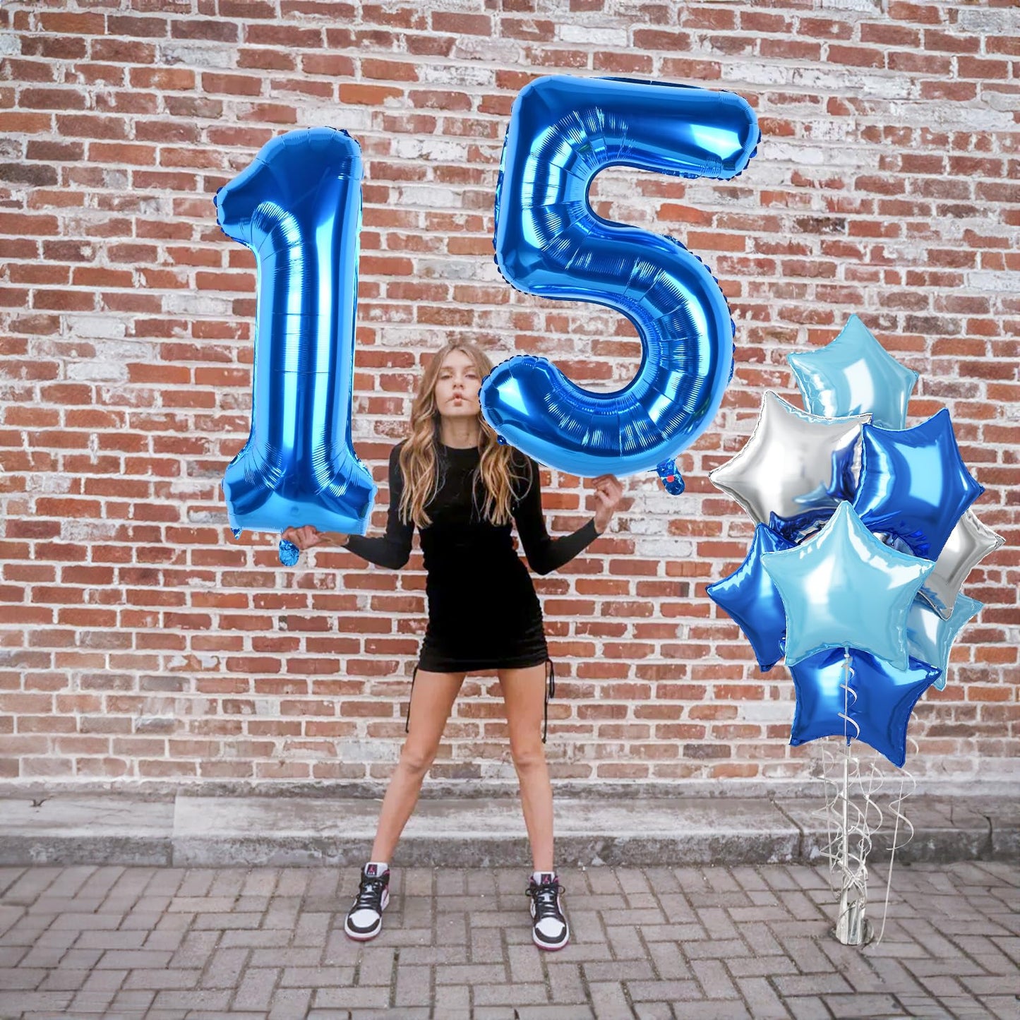 40 Inch Dark Blue Number Balloons 15, Large Royal Light Blue 15 Helium Foil Mylar Balloon, Globos Azules Self Inflating Silver S
