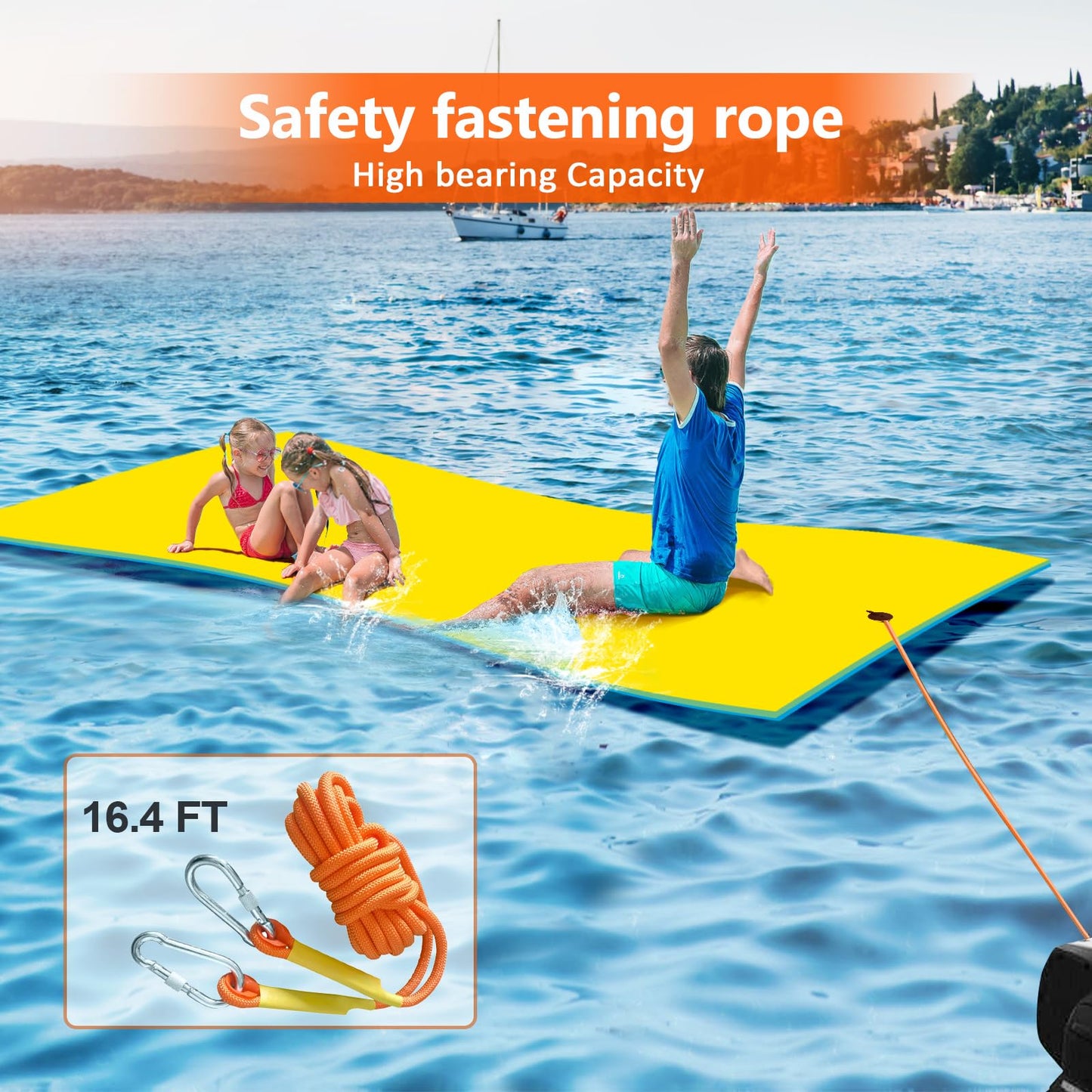 ZIPEAK Lily Pad Floating Mat - 10' x 5' Tear-Resistant XPE Foam, Yellow/Blue, with 16.4 FT Bungee Tether for Lake & Pool