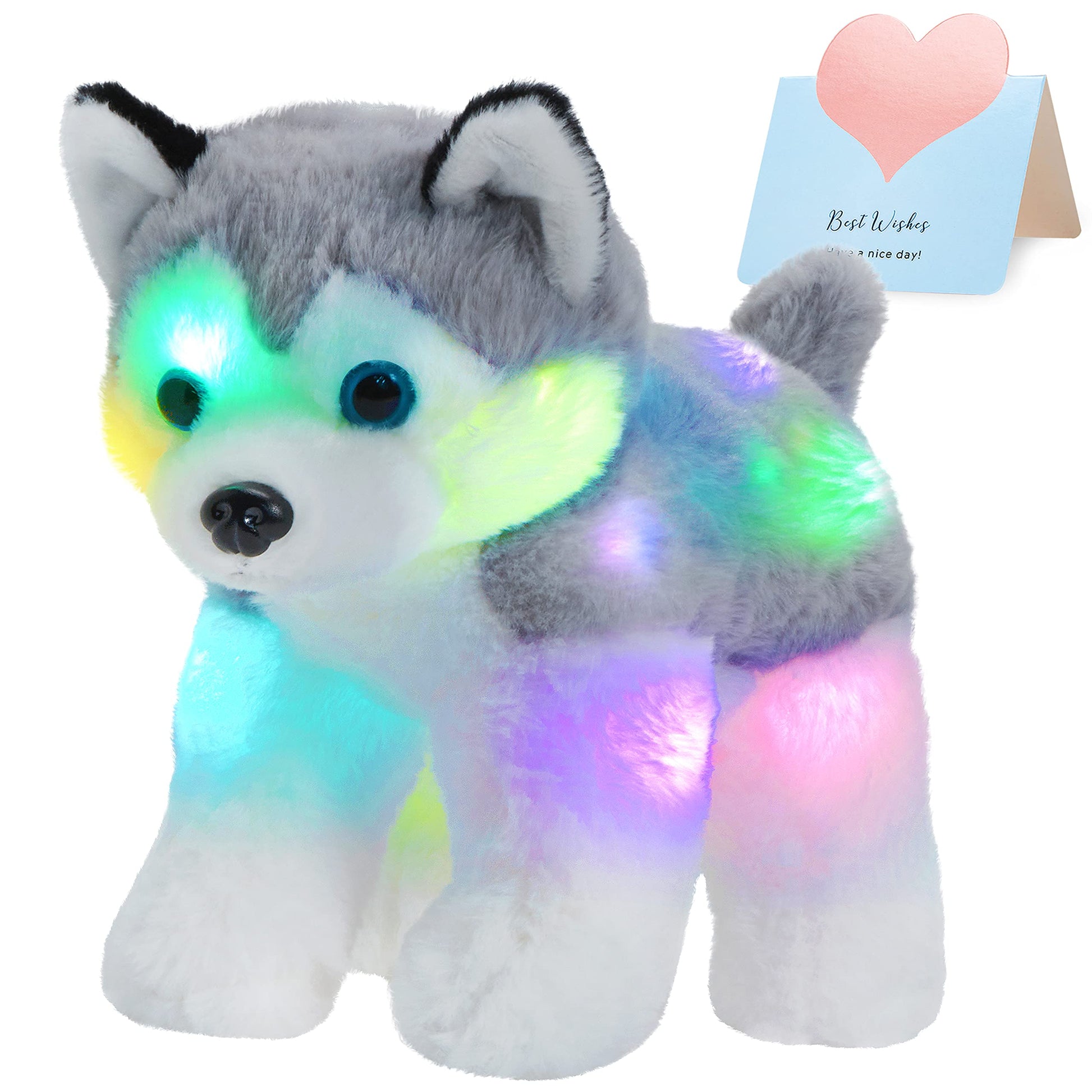 Bstaofy 12’’ Light Up Husky Puppy Stuffed Animal Realistic Led Dog Soft Plush Toy With Night Lights Glow In The Dark Birthday For Toddler Kids