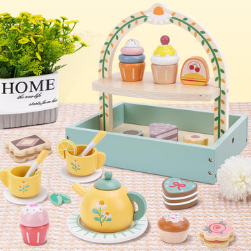 Wooden Tea Party Set for Little Girls, Tea Set Toddler Girl Toys, Pretend Play Tea Sets for Toddlers 3-5, Wooden Toys with Cupca
