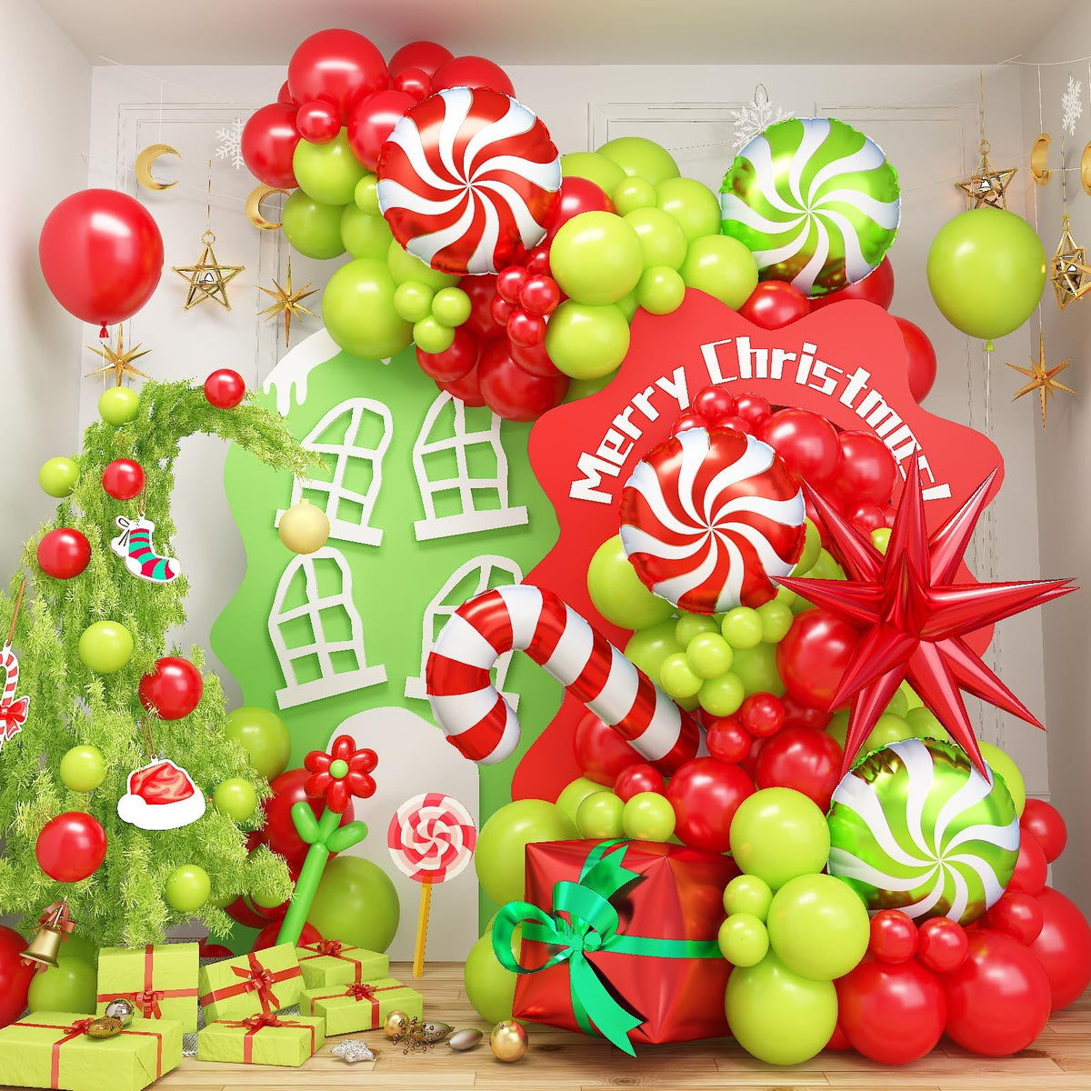Christmas Balloon Arch Garland kit with Candy Cane Balloons Red Star Foil Balloons Set