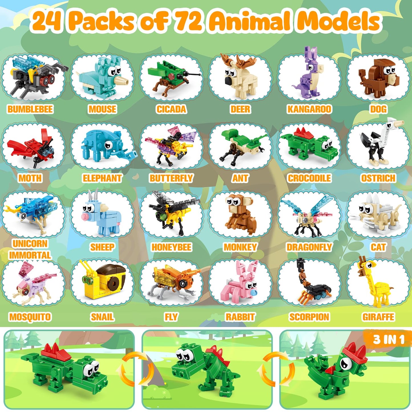 Moontoy Party Favors For Kids, 24 Pack Animals Building Blocks Toy For Goodie Bag Stuffers Valentines Day Gift Mini Building Set Party Favors For Birthday Gift For Boys Girls Ages 6-12+