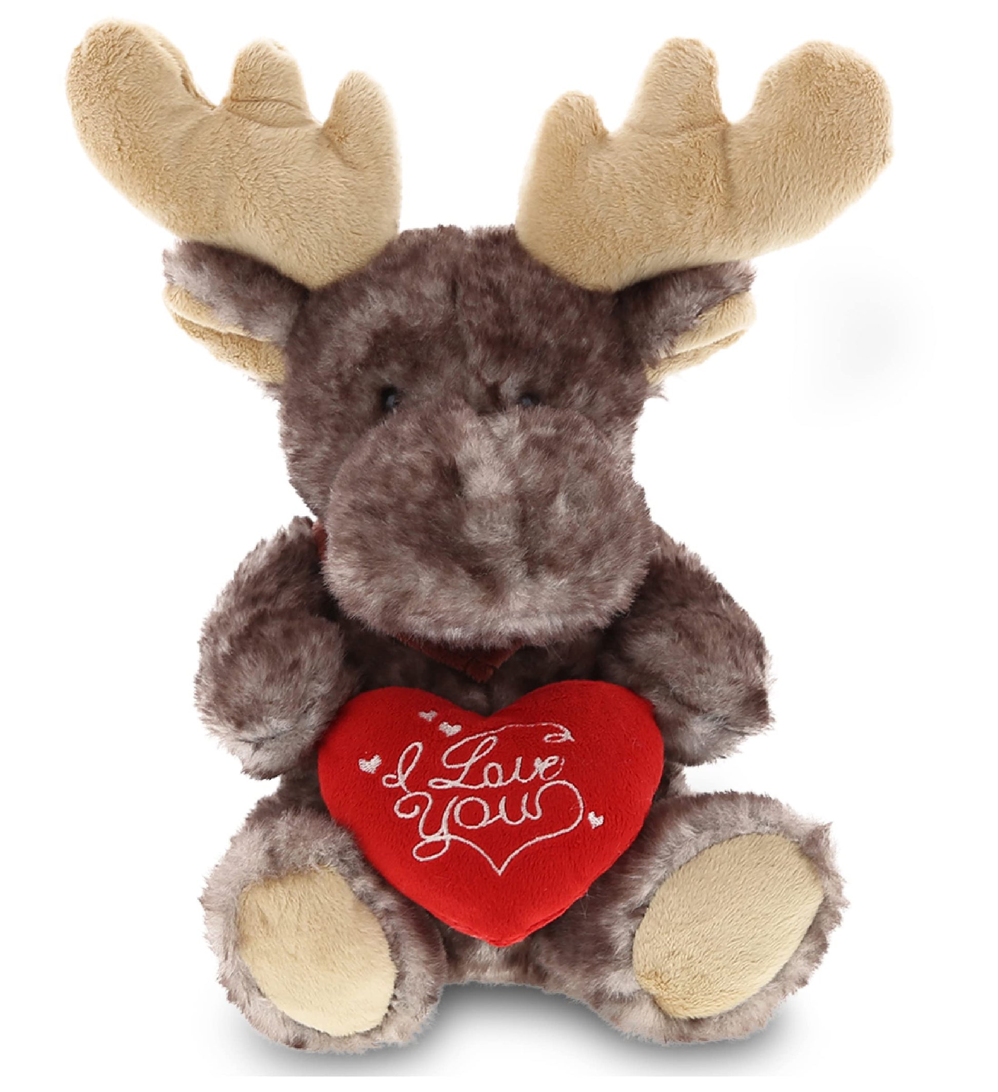 Dollibu I Love You Valentine Plush Brownish Sitting Moose - Cute Stuffed Animal With Red Heart And Name Personalization Gift For Valentines Day, Birthday, Anniversary, Romantic Date - 10 Inches