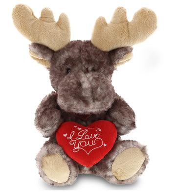 Dollibu I Love You Valentine Plush Brownish Sitting Moose - Cute Stuffed Animal With Red Heart And Name Personalization Gift For Valentines Day, Birthday, Anniversary, Romantic Date - 10 Inches