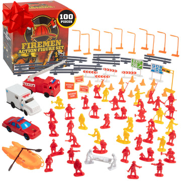 Fireman Action Figure Toys- 100Pc Firefighter Figurines Playset Includes Firemen, Firetrucks, Ambulances, Rescue Boats & More- G