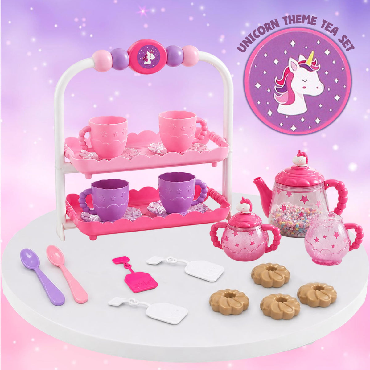 Lil Wizards Unicorn Shake N Sparkle Tea Party Set for Girls Ages 25  Kids Pretend Play Tea Set with Sensory Teapot, Cups, Sa