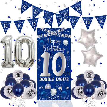 10Th Birthday Decorations For Boys Girls, Navy Blue Silver Happy 10Th Birthday Double Digits Door Banner Decorations, 32 Number