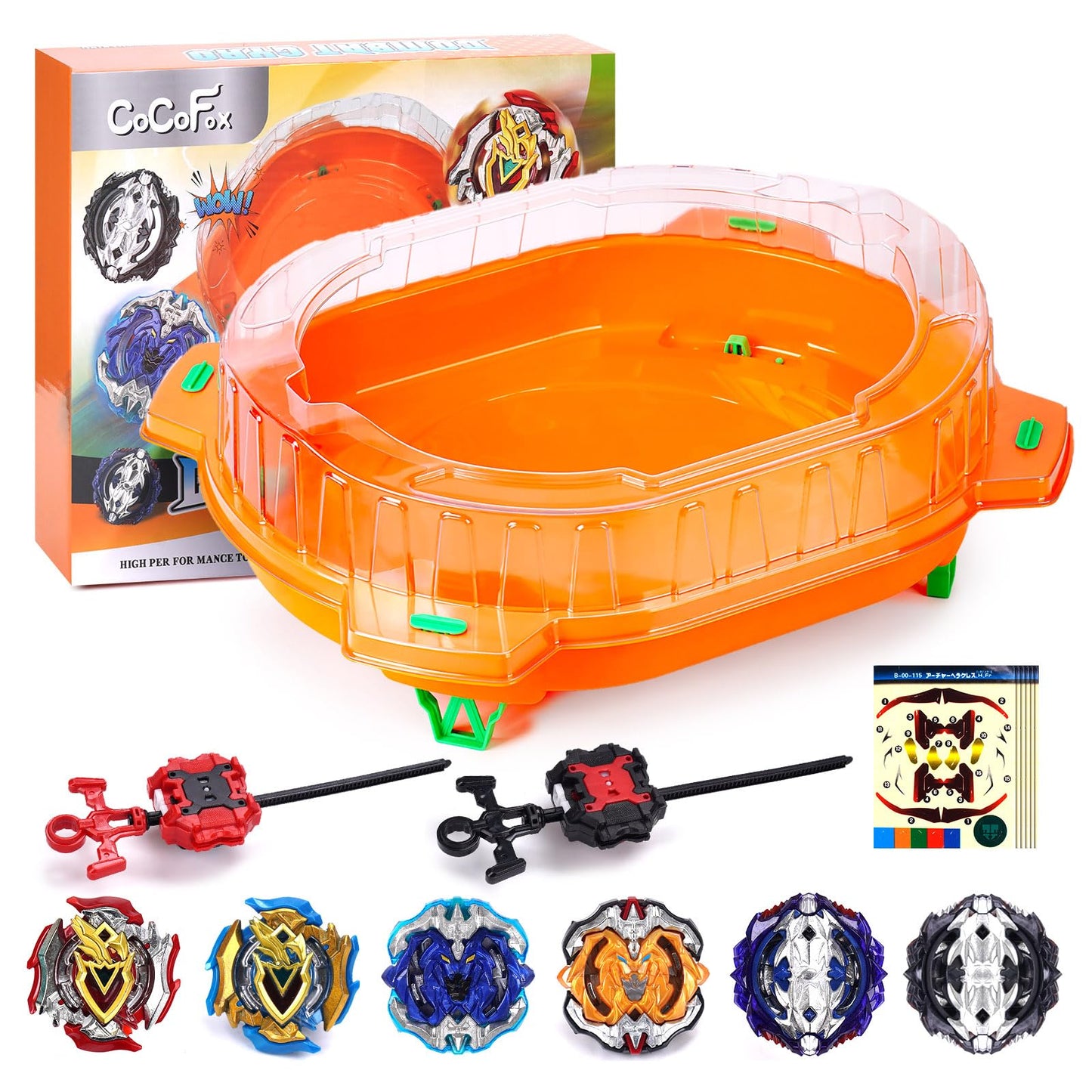 COCOFOX Bey Battling Top Burst Toy cutting edge Set  6 Battling Tops 2 Launchers and 1 Stadium  Toys for 6 Year Old Boys & Girls & Up(Orange)