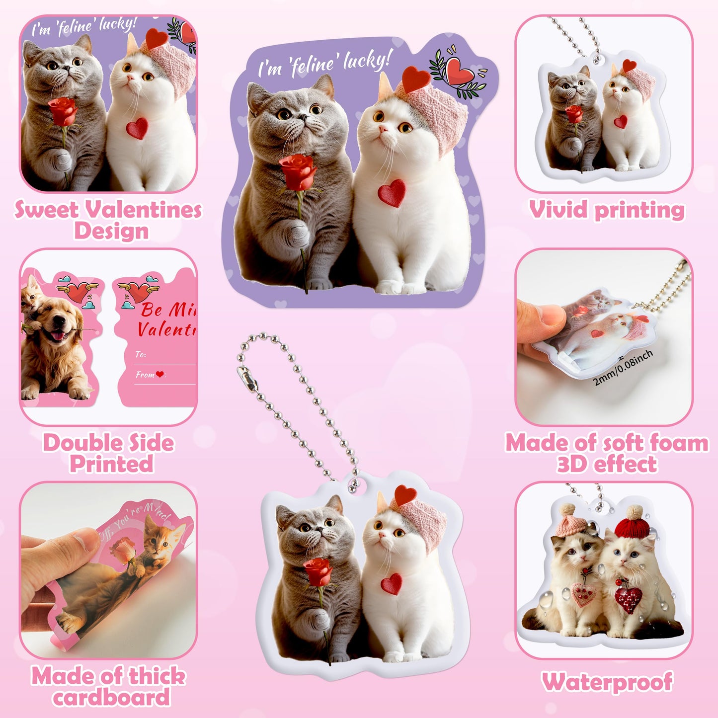 NOSAKUYA 28 Pack Cat & Dog Lovers Valentines Card & Keychains Set for Kids School Classroom Exchange Gift Boys Girls Party Favo