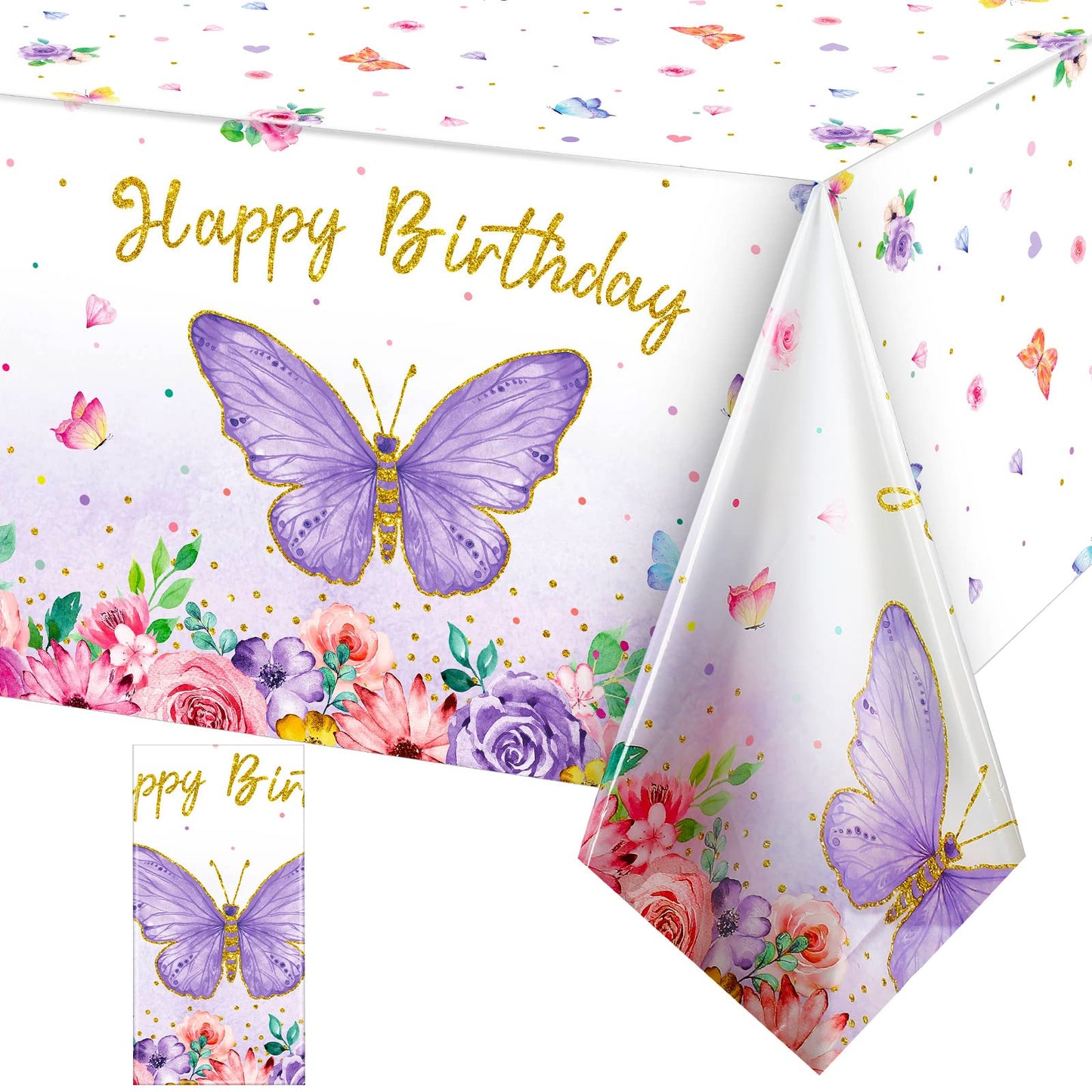 Butterfly Happy Birthday Tablecloth - Rectangular Watercolor Butterfly Table Cover, Spring Themed Plastic Tablecloth for Girl Pa